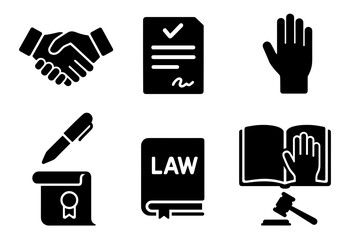 Collection of Legal Icons Representing Handshake Contract Oath Law Book Gavel and Scroll on White Background