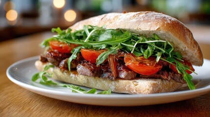 Steak sandwich with arugula and tomato on a white plate.