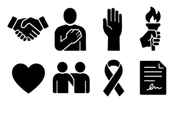 Set of Black And White Icons Representing Solidarity Support Trust And Freedom With Handshake Heart And Torch