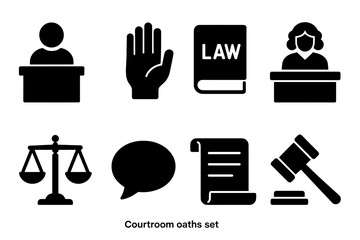 Collection Of Legal And Justice Icons Featuring A Gavel Scales Of Justice A Law Book A Judge And A Hand Silhouette Against A White Background