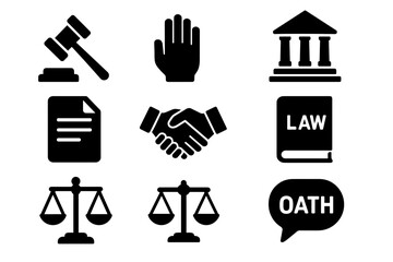 Set Of Nine Justice Related Icons Including Gavel Document Scales And Law Book In Black Color On White Background