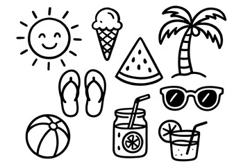Collection Of Summer Vacation Icons Featuring A Smiling Sun A Palm Tree A Beach Ball Flip Flops Sunglasses Ice Cream And Refreshing Drinks On A White Background