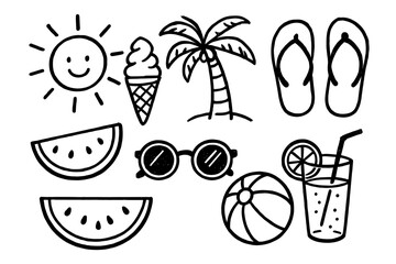 Hand Drawn Summer Vacation Icons Featuring Sun Ice Cream Palm Tree Sunglasses Watermelon Beach Ball Flip Flops and Refreshing Drink Isolated on White Background
