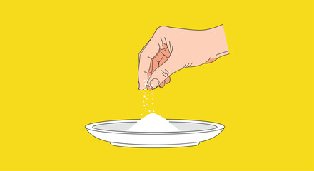 Hand sprinkling white granular salt onto a pile on a white plate against a bright yellow background