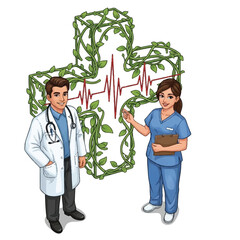 A male doctor and female nurse standing near a leafy medical cross intertwined with heartbeat lines