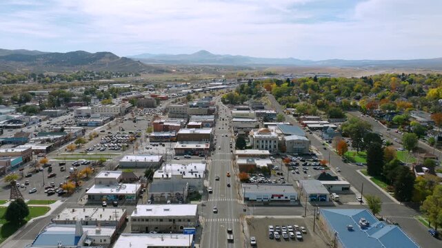 Low Aerial View of Elko Nevada Downtown Area During Fall Facing West