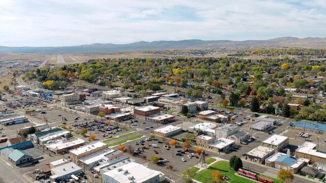 High Aerial View of Elko Nevada Downtown Area During Fall