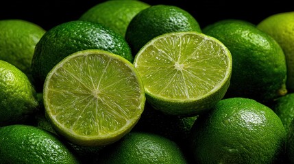 Close up of fresh green limes one cut open against black background