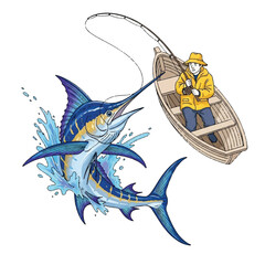 A classic fishing scene featuring a man on a small boat catching a fantasy-inspired blue marlin