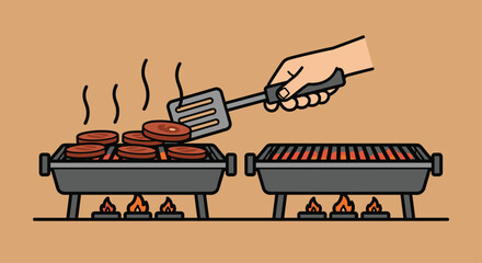 Sizzling burgers flip on a hot grill creating delicious outdoor summer barbecue vibes