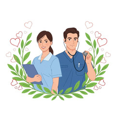 A friendly medical team, nurse holding a clipboard and doctor holding a stethoscope, surrounded by nature and healing motifs