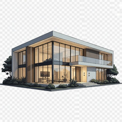 A minimalist modern home featuring wide glass panels, geometric structure, soft garden plants, and refined lighting