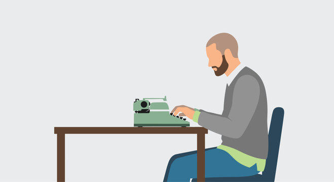Man with beard diligently typing on vintage typewriter at wooden desk, capturing timeless writing process and creativity - Powered by Adobe