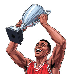A victorious basketball star holding a silver trophy, smiling widely with sweat of triumph