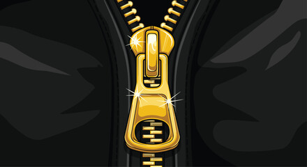 Luxurious golden zipper gleams on black fabric, symbolizing fashion, closure, and premium design for stylish apparel and accessories