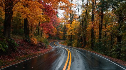 Obraz premium Wet winding road through forest with vibrant autumn foliage colors.