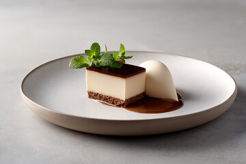 fine dining experience, beautifully presented gourmet dessert on fine china, with elegant, minimalist style, and a touch of restaurant elegance