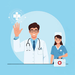 A determined doctor with an illuminated health emblem hovering above the palm, nurse companion holding medical equipmentt