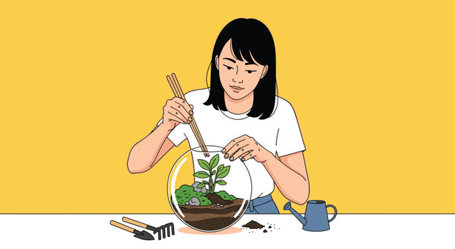 Creative young woman meticulously crafting a beautiful terrarium with plants and moss, bringing nature indoors with care and focus