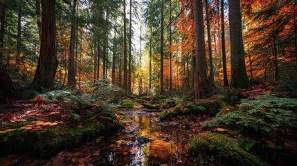 Fototapeta premium Sunlit autumn forest with a small stream flowing over colorful ground.