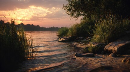 Obraz premium Water edge at sunset with tall grass and glowing light effects.