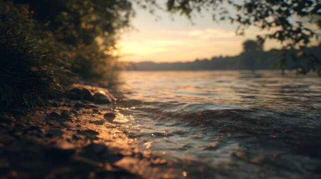 Water laps rocky shore during a warm golden sunset or sunrise.