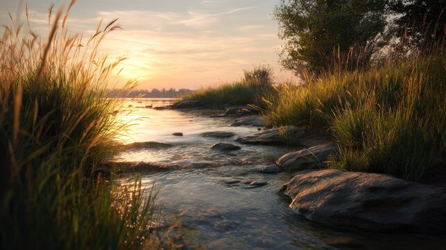 Golden sunset light illuminates tall grass beside a rocky stream flowing into a lake.