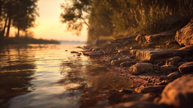 Water ripples near a rocky shore at sunset or sunrise.