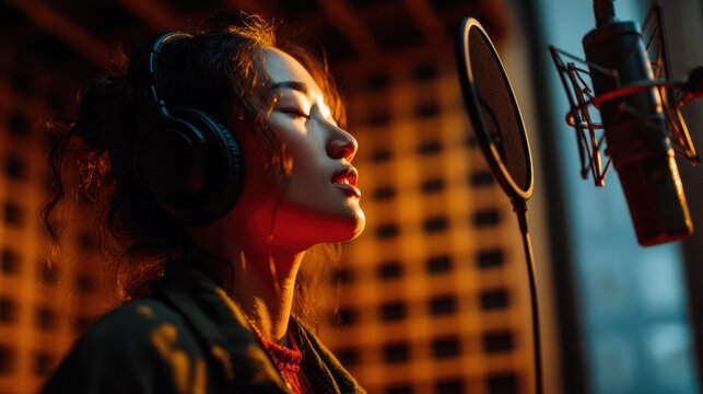 Woman singing into microphone wearing headphones in warm studio light.