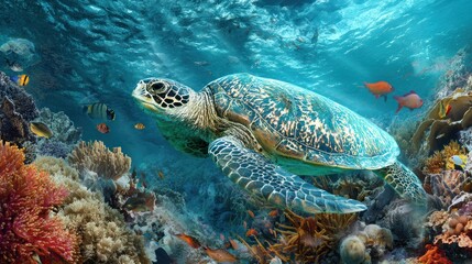 Fototapeta premium Sea turtle swims above colorful coral reef and tropical fish below surface