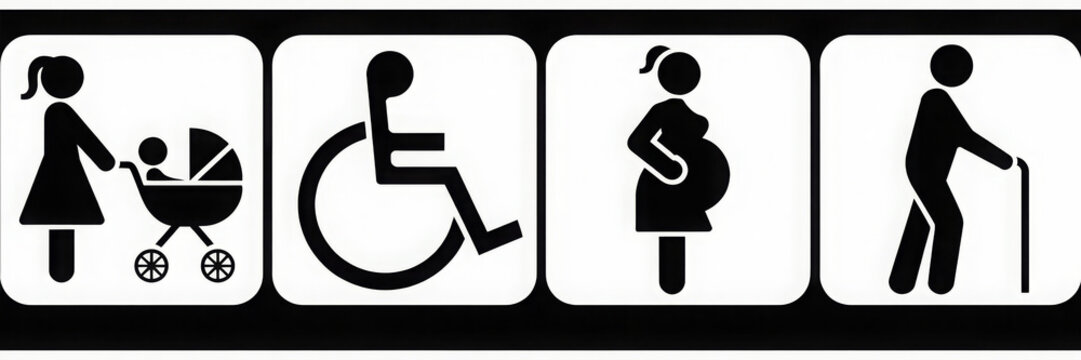 Set of public information icons including a mother with stroller wheelchair access pregnant woman and elderly man with cane vector illustration