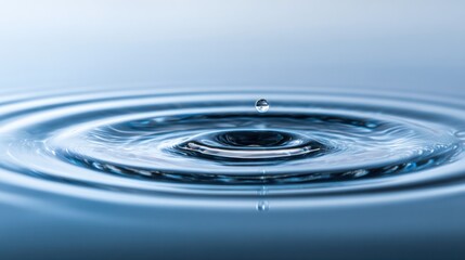 Water drop impacting surface creating concentric ripples and a rebound drop.