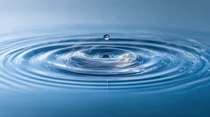 Single water drop falling creating concentric ripples on blue surface