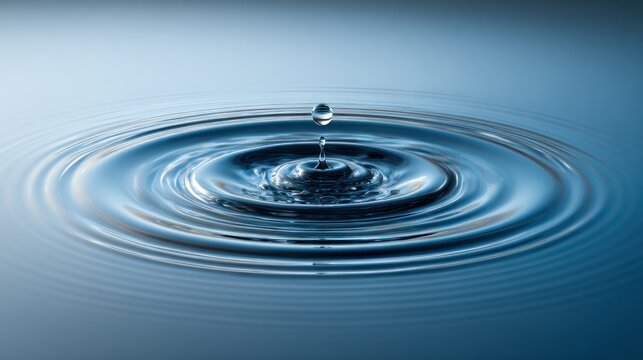 Single water drop creates ripples on a smooth blue surface.