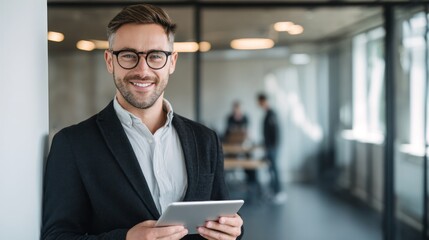 Smiling businessman holding tablet in modern office setting