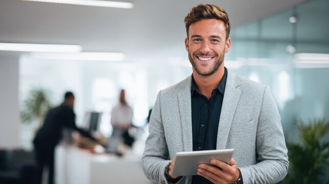 Smiling businessman holding digital tablet in modern office environment