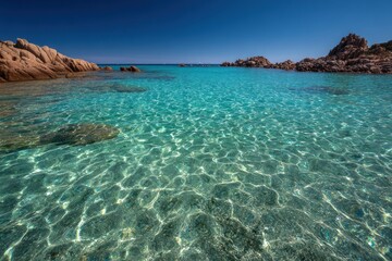 Clear turquoise sea water laps against rocky coastline under deep blue sky.