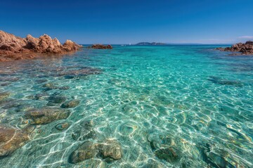 Fototapeta premium Clear turquoise sea water laps against sunlit reddish rocks under a deep blue sky.