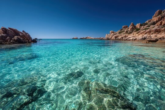 Clear turquoise ocean water meets rocky coastline under bright blue sky.