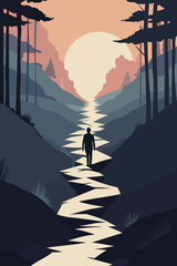 Silhouette of a person walking along a winding path through a valley toward the sunset, symbolizing life’s journey, hope, and self-discovery in minimalist vector art.