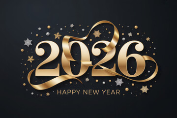 Elegant golden 2026 new year design with ribbon and stars for festive celebrations and greeting cards