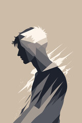 Abstract portrait of a man in shades of gray, symbolizing emotional struggle, trauma, and inner conflict in a minimalist modern art style representing mental health themes.