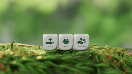 Three dice with health safety and environment icons symbolizing corporate responsibility set against a natural mossy background
