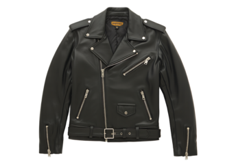 Black leather motorcycle jacket for men, fashion apparel with metal zippers, showing rebel style and casual clothing
