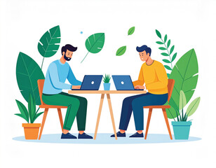 Fototapeta premium Two men working on laptops outdoors with plants