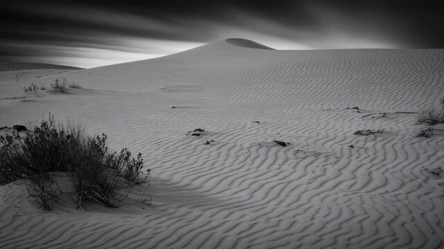 Desert landscape with sand dunes and sparse vegetation in monochrome