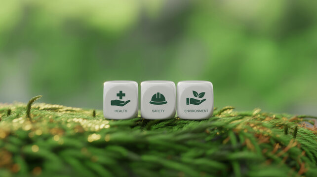 Three dice with health safety and environment icons symbolizing corporate responsibility set against a natural mossy background