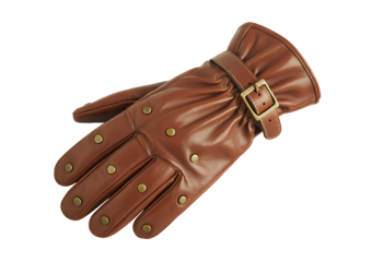 A brown leather motorcycle glove with decorative rivets and a clasp displays rich texture and detail against a black background.
