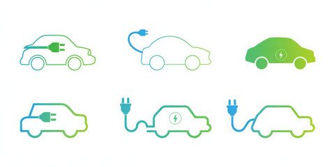 Obraz premium Electric car icon set vector line art illustration for green energy sustainable transport and eco friendly vehicle design isolated on white background