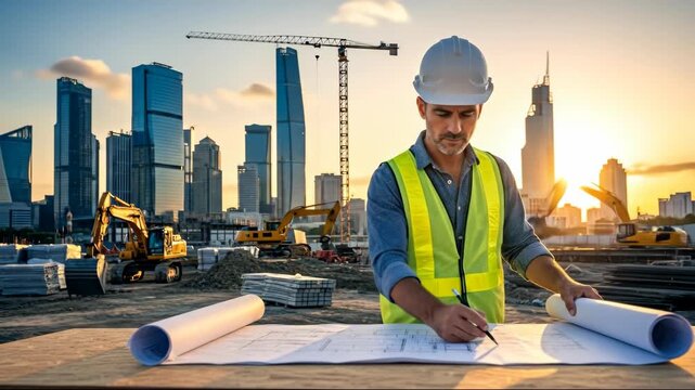 Male civil engineer drawing blueprints at a construction site with city skyline and cranes in background, showing project development in time lapse.